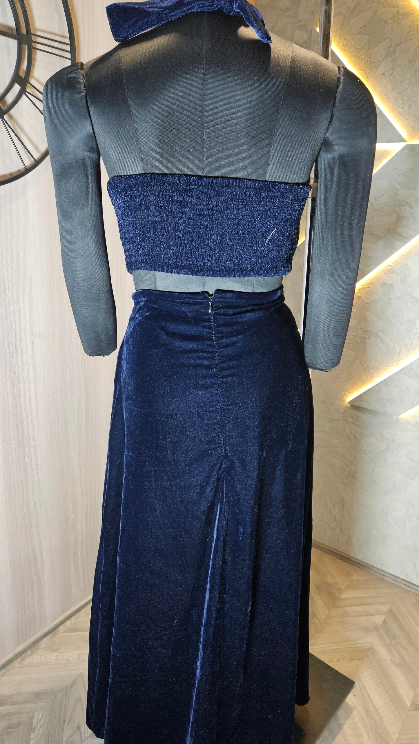 027-C-HOB Elegant Navy Blue Velvet Crop Top with High-Slit Skirt – Made in India