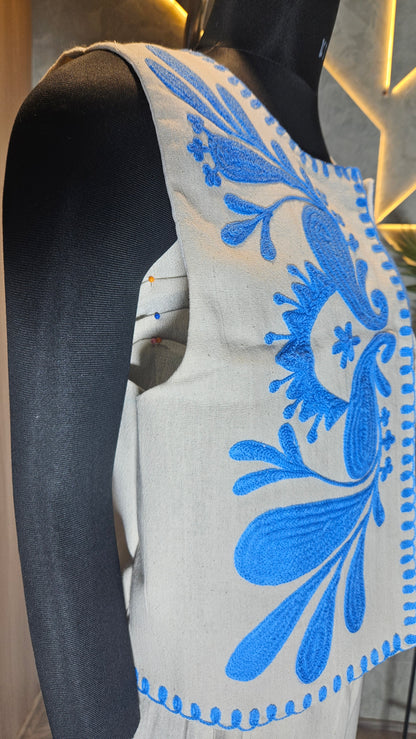 036-J-HOB Handcrafted Cotton Embroidered Vest – Blue & Cream – Made in India