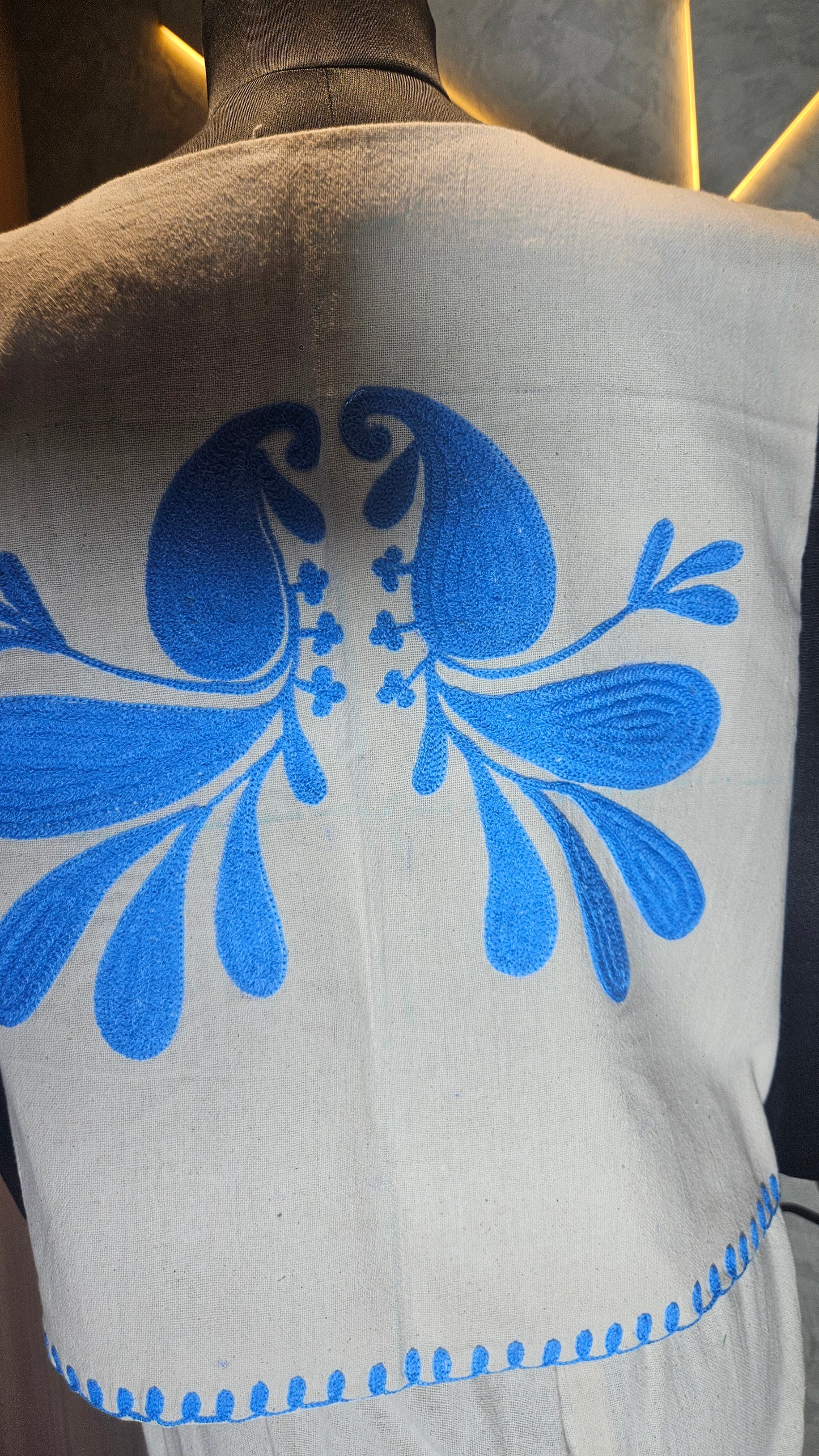 036-J-HOB Handcrafted Cotton Embroidered Vest – Blue & Cream – Made in India