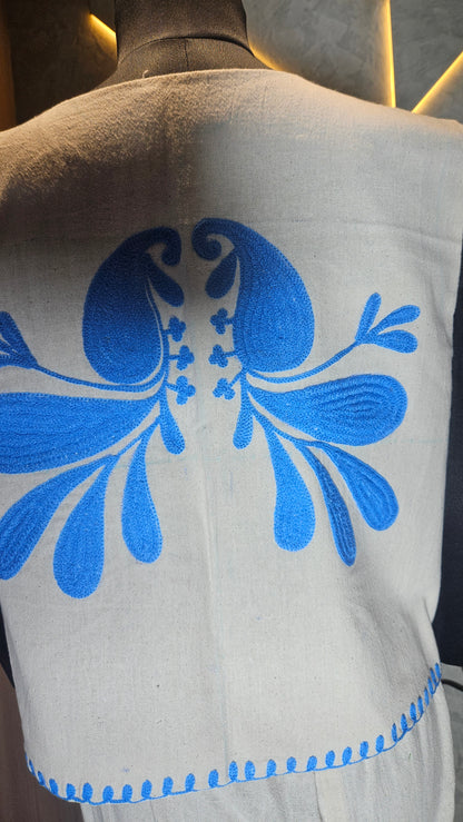 036-J-HOB Handcrafted Cotton Embroidered Vest – Blue & Cream – Made in India