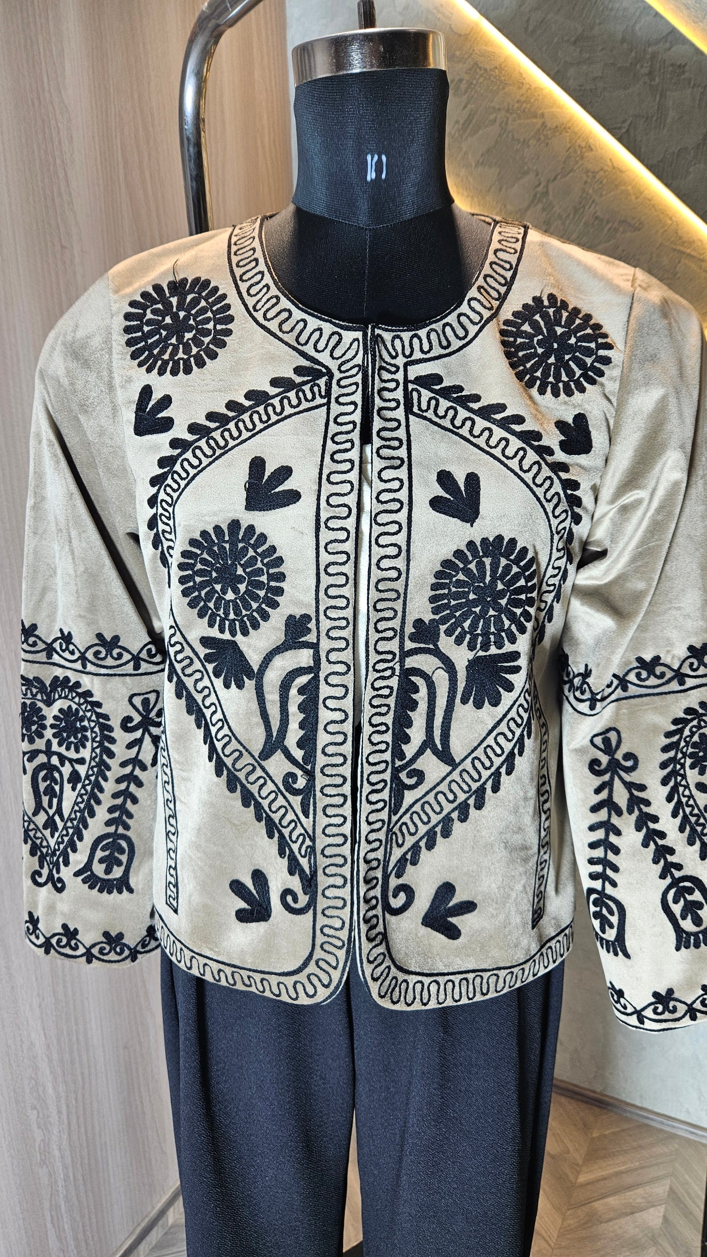 037-J-HOB Handcrafted Beige Suede Jacket with Intricate Black Embroidery – Ethnic Fusion Wear – Made in India