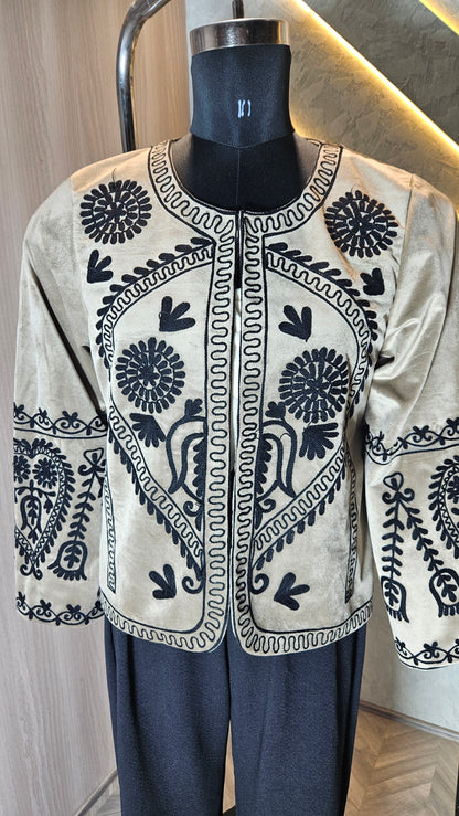 037-J-HOB Handcrafted Beige Suede Jacket with Intricate Black Embroidery – Ethnic Fusion Wear – Made in India