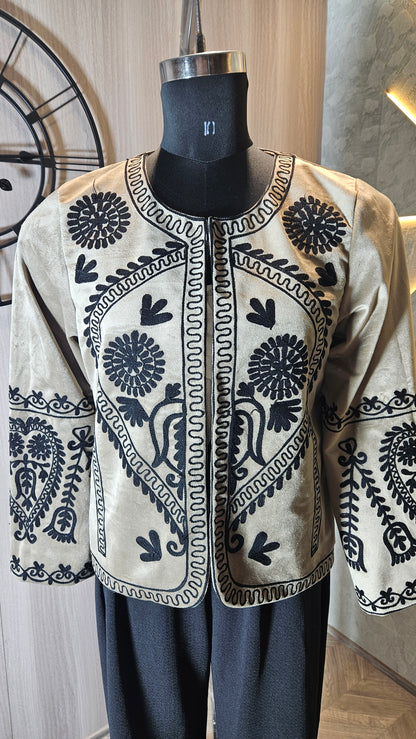 037-J-HOB Handcrafted Beige Suede Jacket with Intricate Black Embroidery – Ethnic Fusion Wear – Made in India