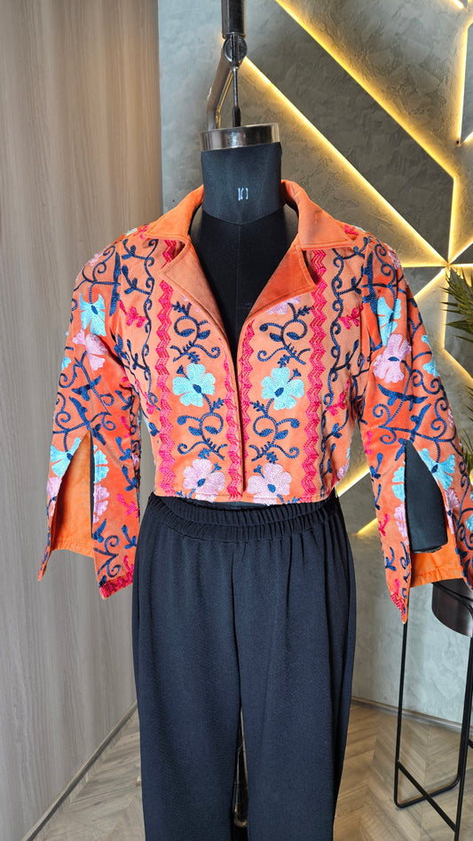 042-J-HOB : Hand-Embroidered Velvet Cropped Jacket – Made in India