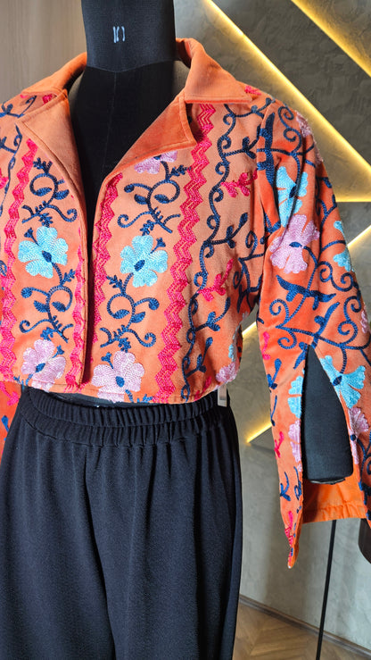 042-J-HOB : Hand-Embroidered Velvet Cropped Jacket – Made in India