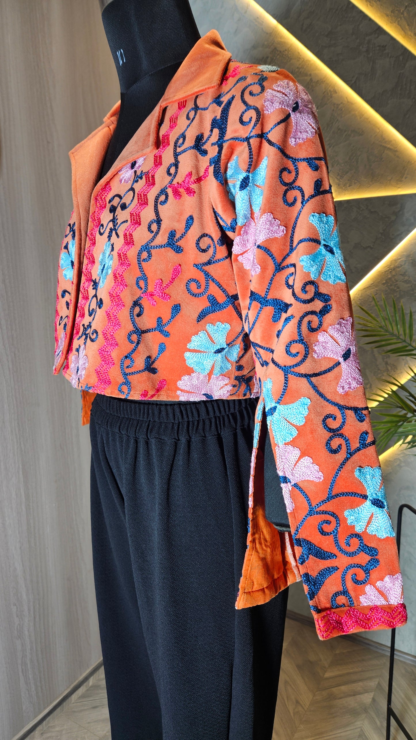 042-J-HOB : Hand-Embroidered Velvet Cropped Jacket – Made in India