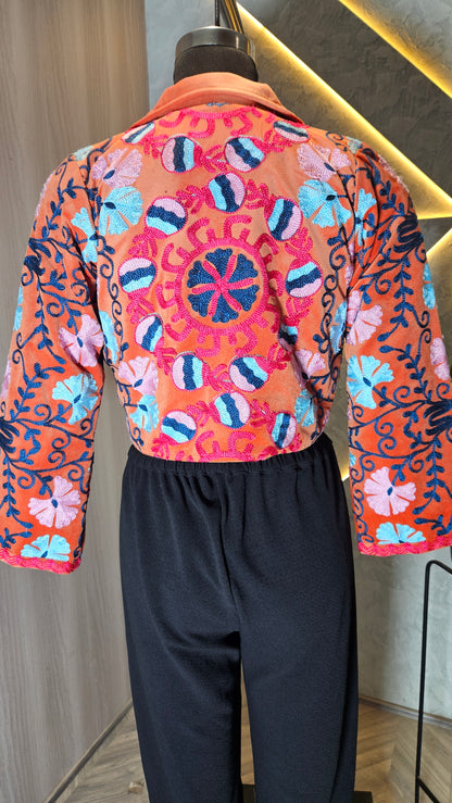 042-J-HOB : Hand-Embroidered Velvet Cropped Jacket – Made in India