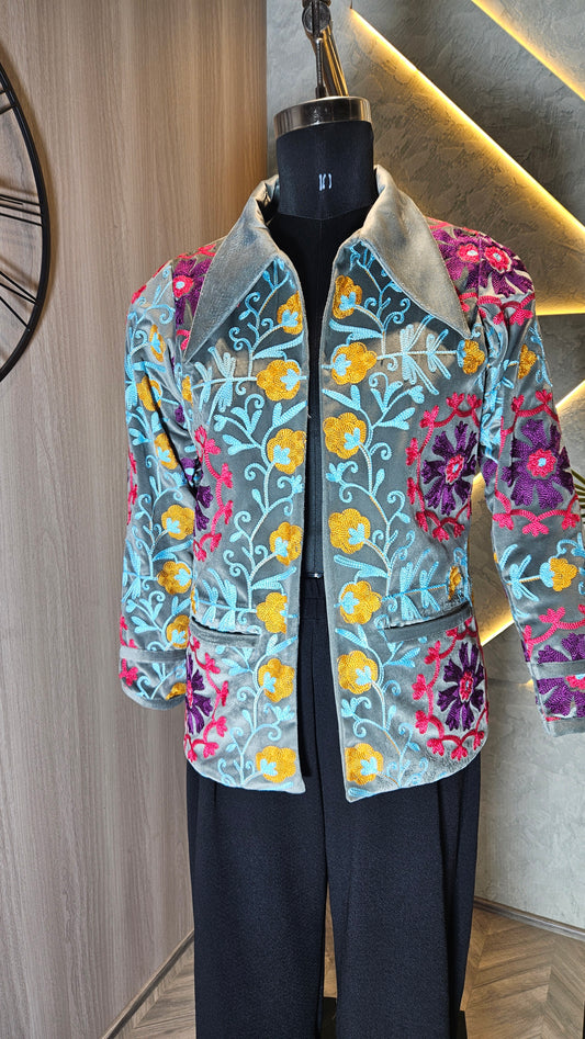 043-J-HOB : Handcrafted Velvet Floral Embroidered Jacket – Made in India