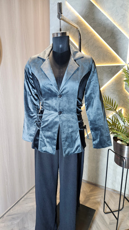 044-J-HOB : Women’s Velvet Tailored Blazer Top with Side Lace Detailing – Made in India