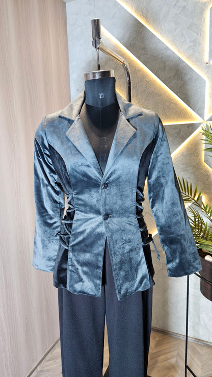 044-J-HOB : Women’s Velvet Tailored Blazer Top with Side Lace Detailing – Made in India