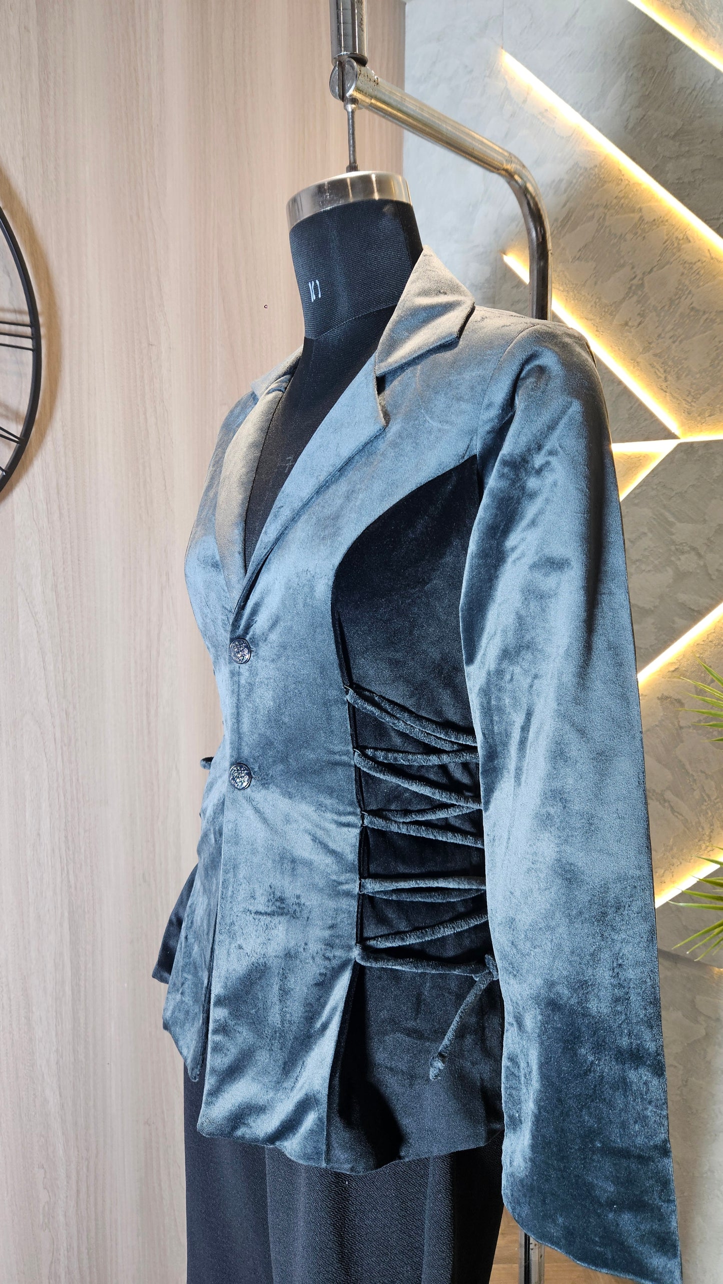 044-J-HOB : Women’s Velvet Tailored Blazer Top with Side Lace Detailing – Made in India