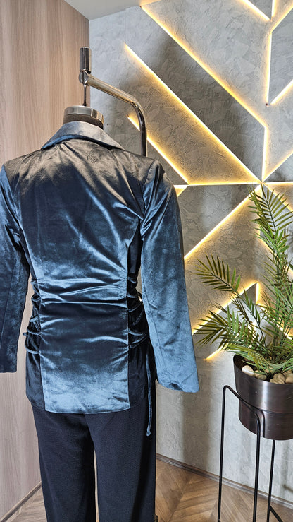 044-J-HOB : Women’s Velvet Tailored Blazer Top with Side Lace Detailing – Made in India