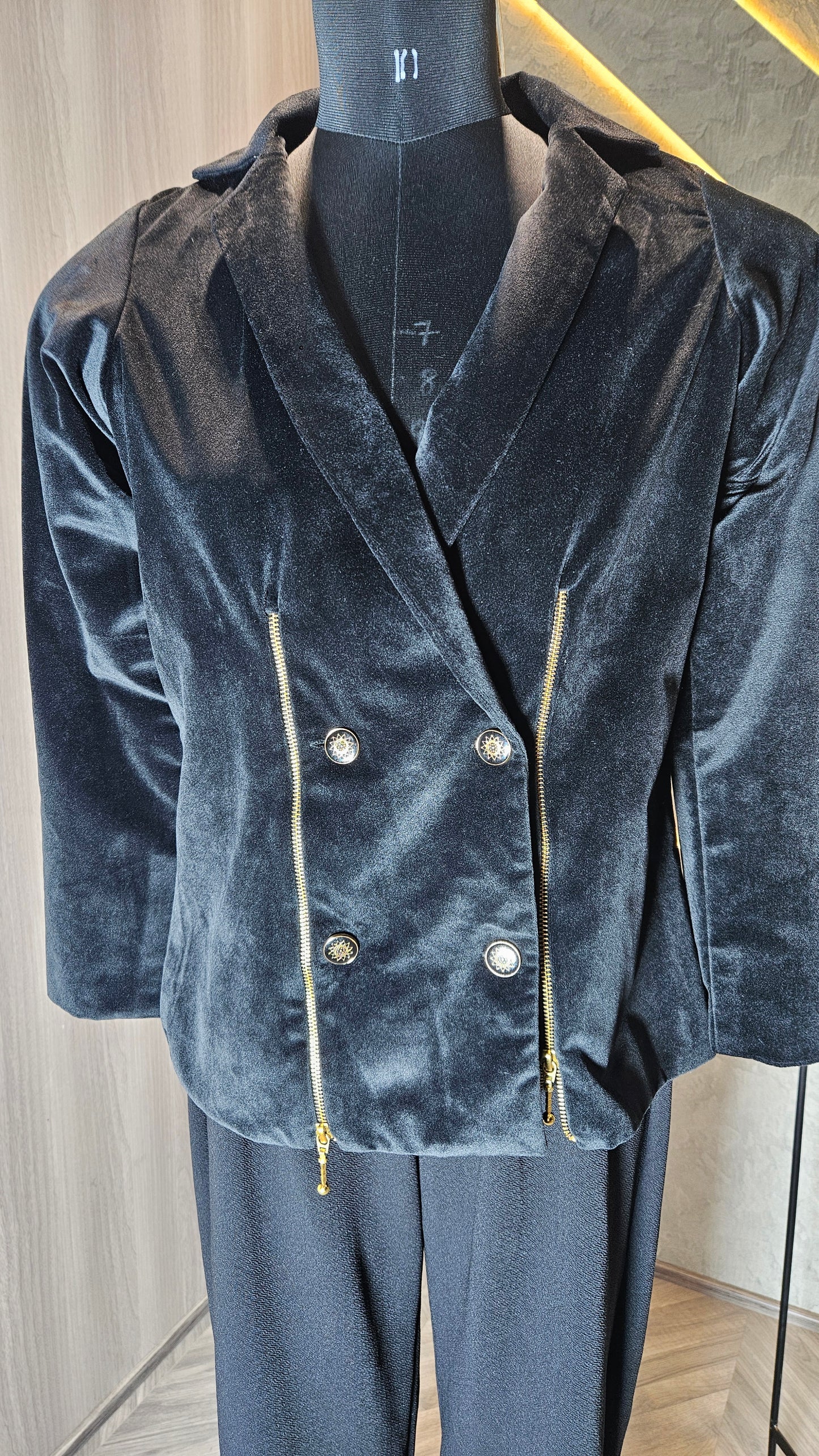 049-J-HOB Women's Velvet Double-Breasted Blazer with Gold Zipper Detailing – Made in India