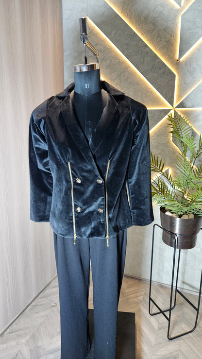 049-J-HOB Women's Velvet Double-Breasted Blazer with Gold Zipper Detailing – Made in India