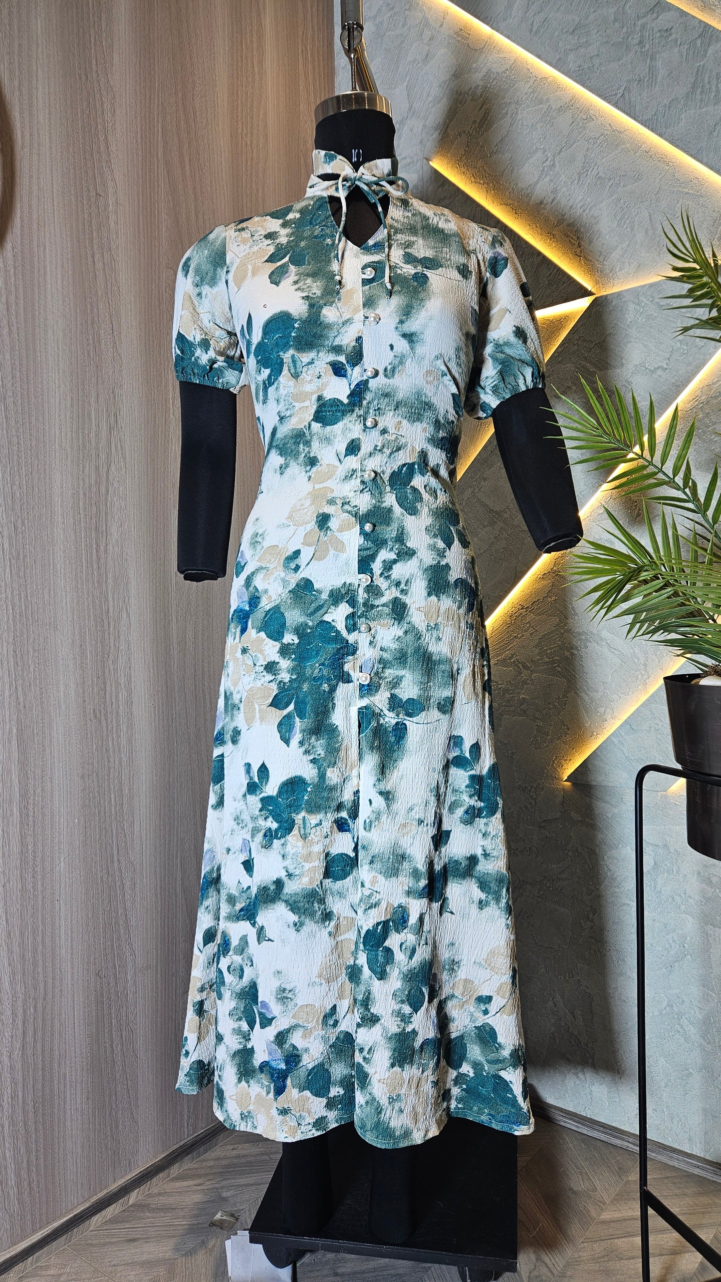 053-D-HOB Elegant Floral Print A-Line Midi Dress – Made in India