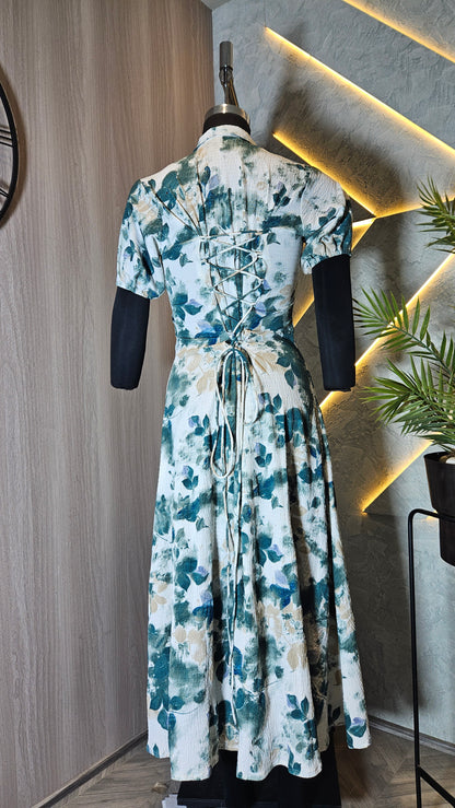 053-D-HOB Elegant Floral Print A-Line Midi Dress – Made in India