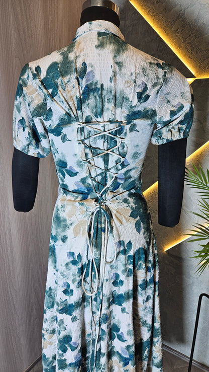 053-D-HOB Elegant Floral Print A-Line Midi Dress – Made in India