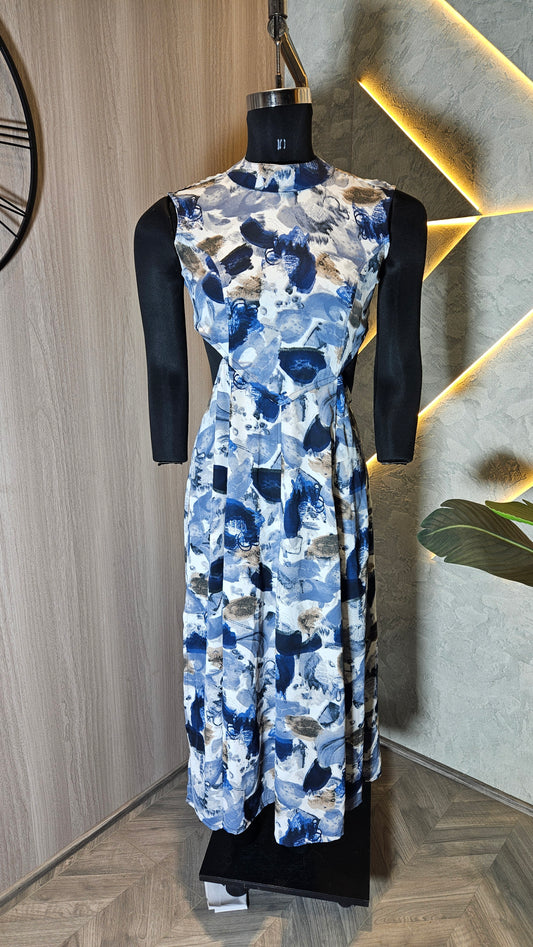 057-D-HOB Elegant Abstract Print Sleeveless A-Line Dress – Made in India