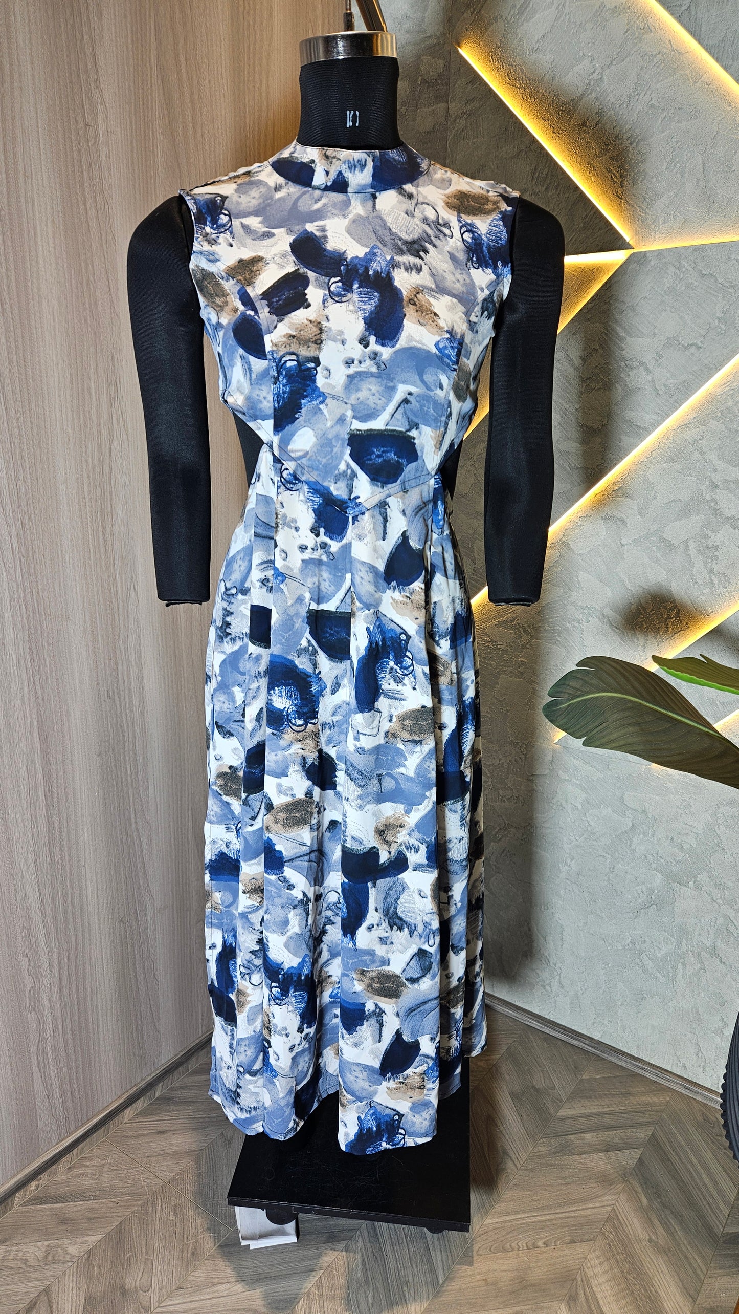 057-D-HOB Elegant Abstract Print Sleeveless A-Line Dress – Made in India