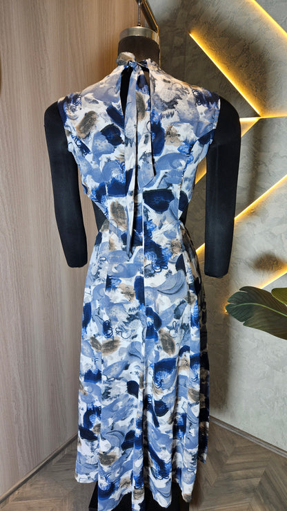 057-D-HOB Elegant Abstract Print Sleeveless A-Line Dress – Made in India