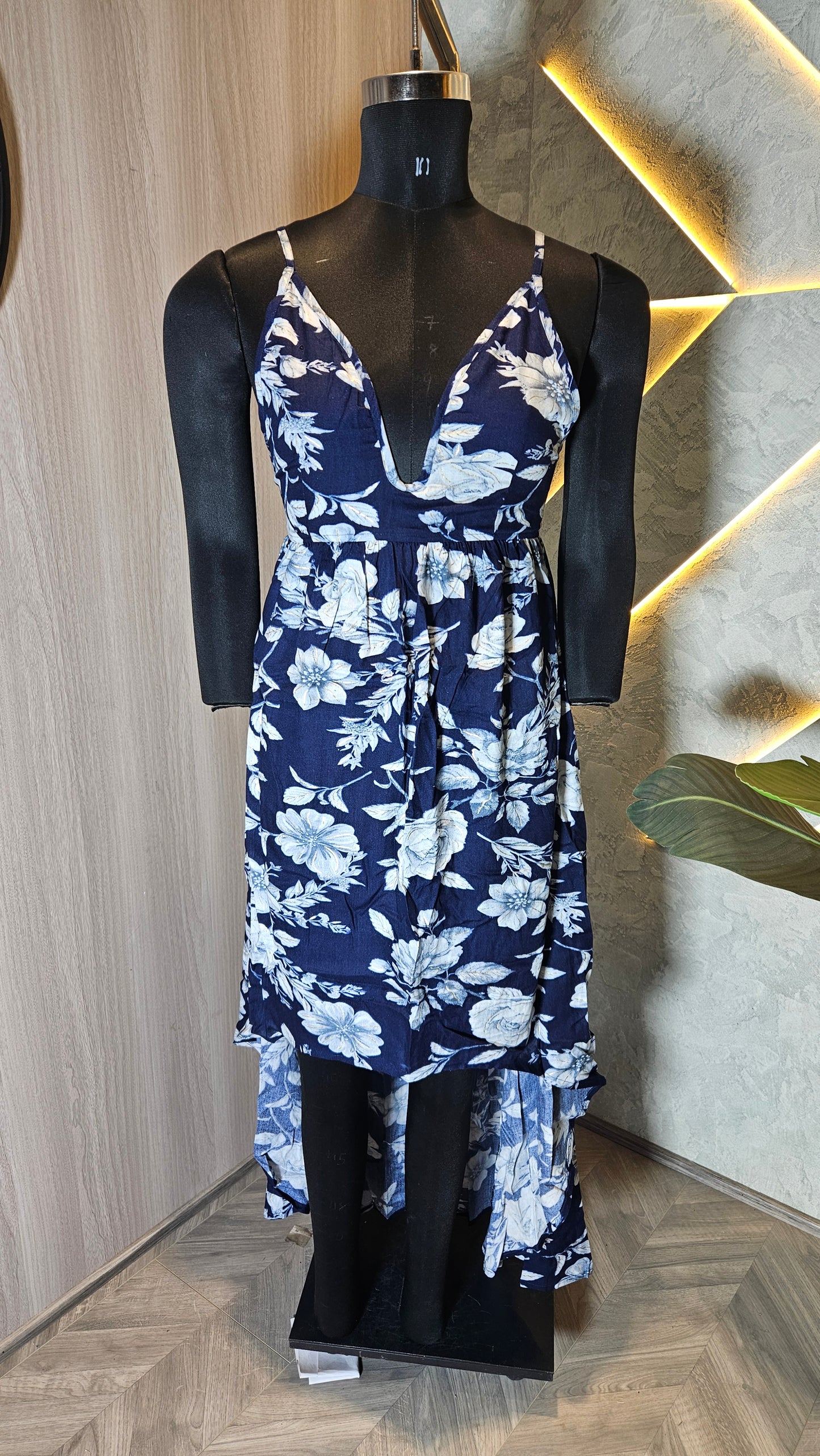 058-D-HOB Women's Floral V-Neck Sleeveless High-Low Dress – Made in India