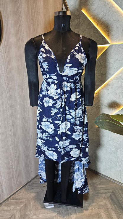 058-D-HOB Women's Floral V-Neck Sleeveless High-Low Dress – Made in India