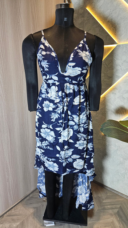 058-D-HOB Women's Floral V-Neck Sleeveless High-Low Dress – Made in India