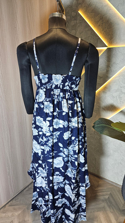 058-D-HOB Women's Floral V-Neck Sleeveless High-Low Dress – Made in India