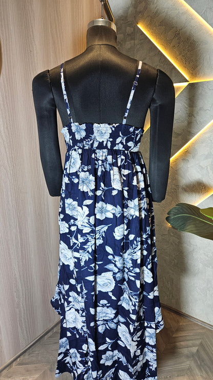 058-D-HOB Women's Floral V-Neck Sleeveless High-Low Dress – Made in India