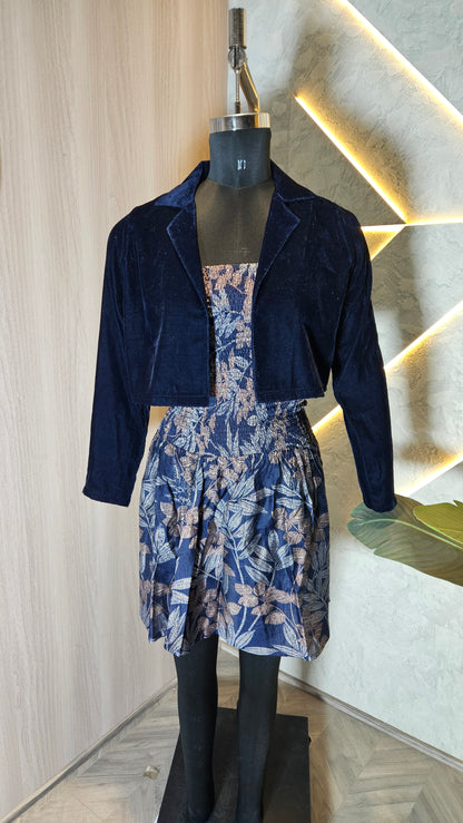 060-D-HOB Velvet Crop Jacket with Smocked Floral Dress – Made in India