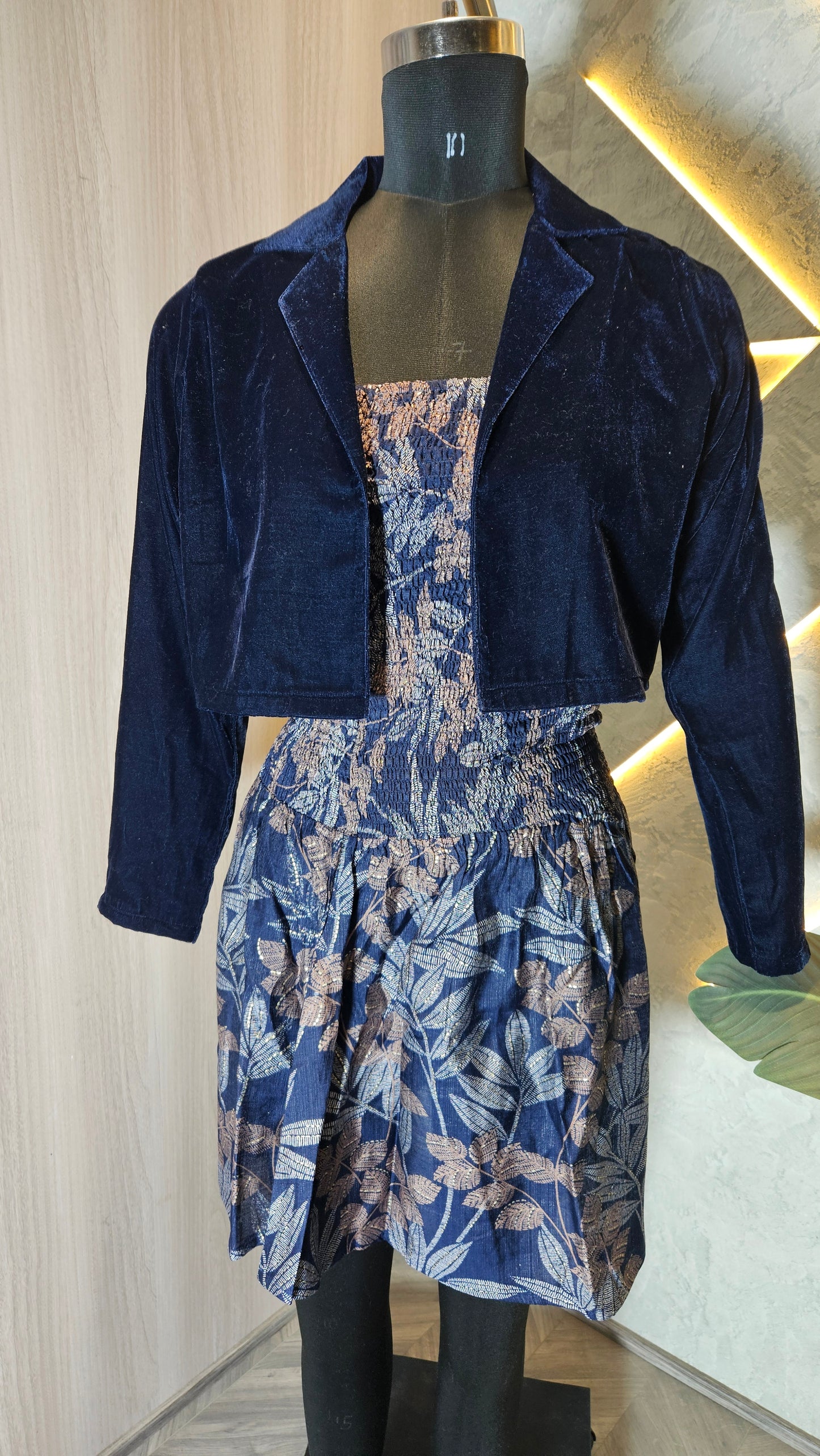 060-D-HOB Velvet Crop Jacket with Smocked Floral Dress – Made in India