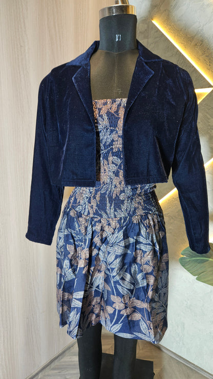 060-D-HOB Velvet Crop Jacket with Smocked Floral Dress – Made in India
