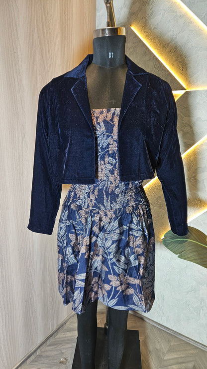 060-D-HOB Velvet Crop Jacket with Smocked Floral Dress – Made in India