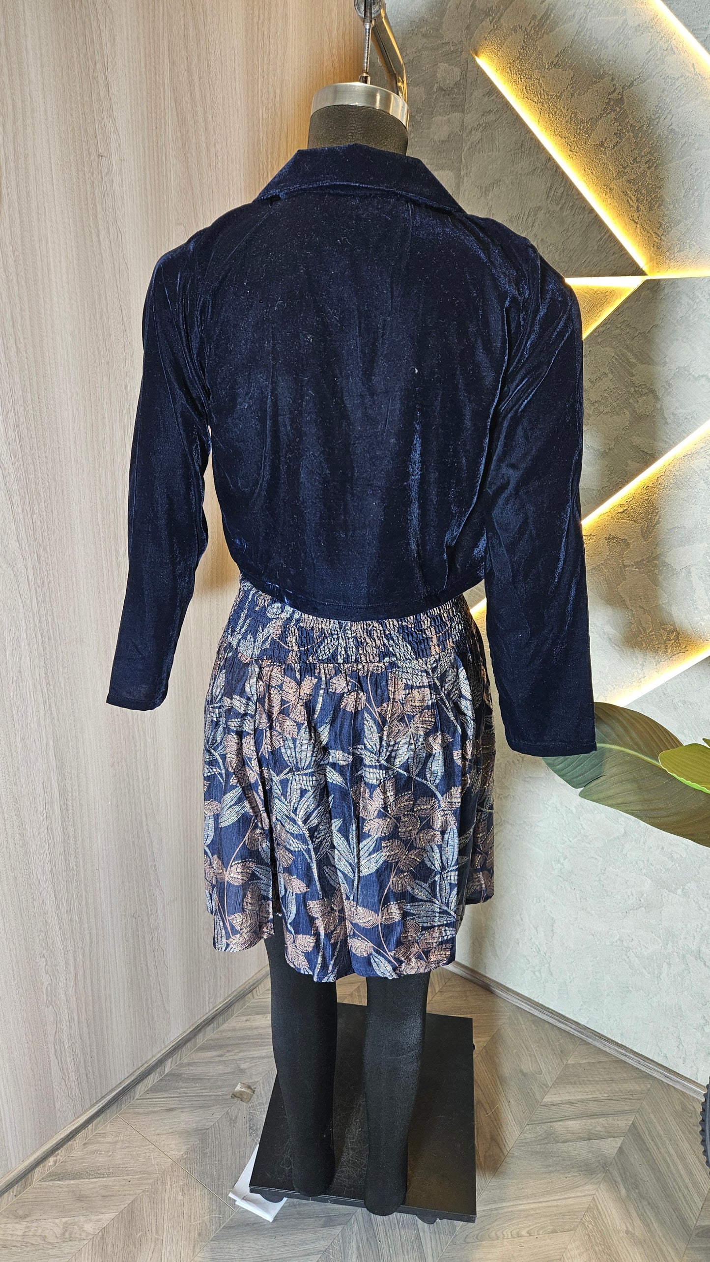 060-D-HOB Velvet Crop Jacket with Smocked Floral Dress – Made in India