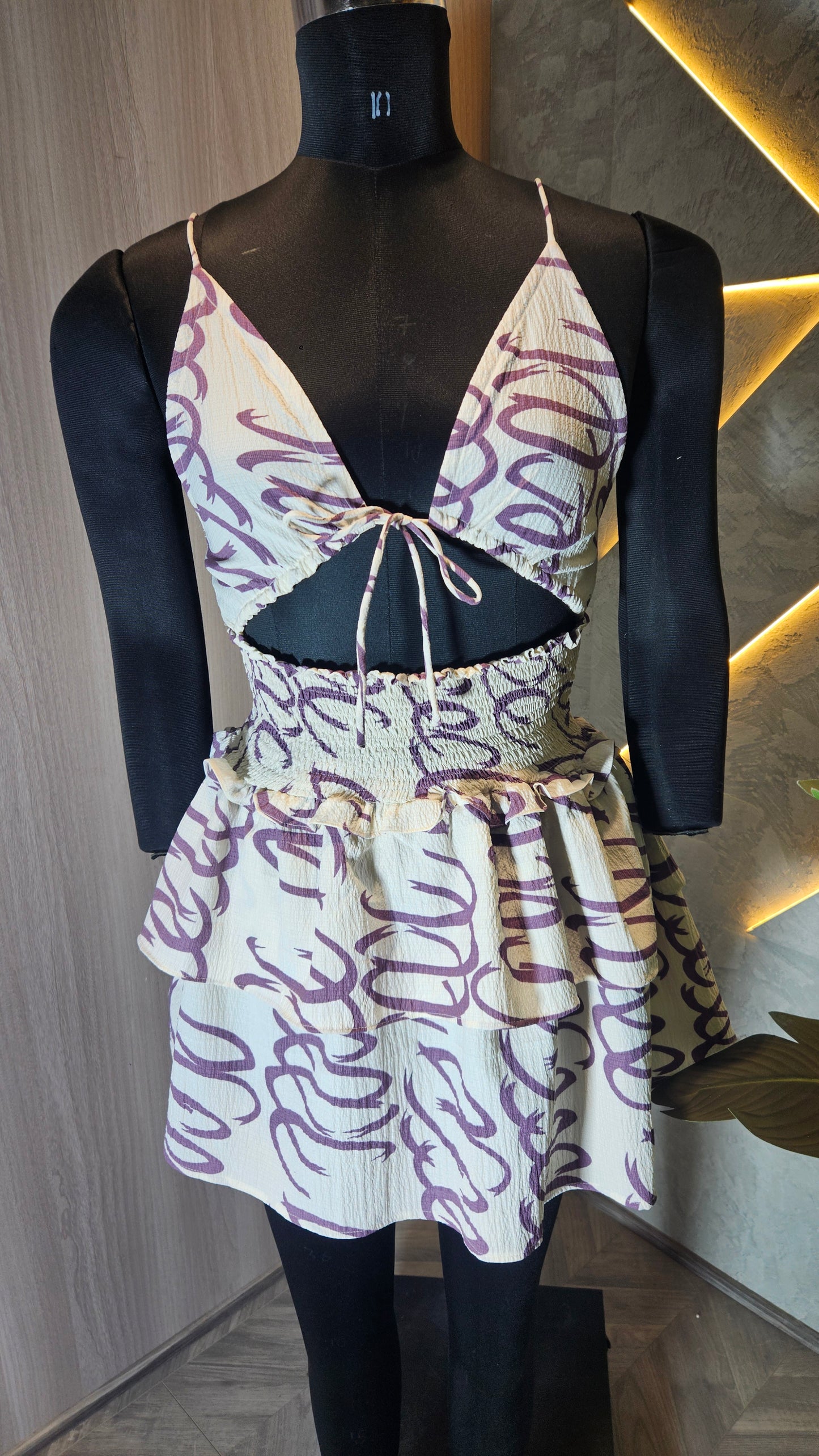 075-D-HOB Women’s Trendy Tie-Front Smocked Crop Top with Peplum Skirt – Made in India