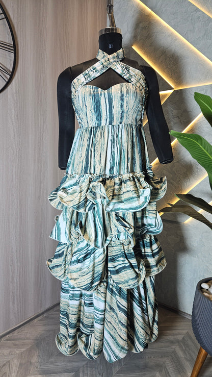 077-D-HOB Designer Ruffle Layered Women’s Party Wear Dress – Made in India