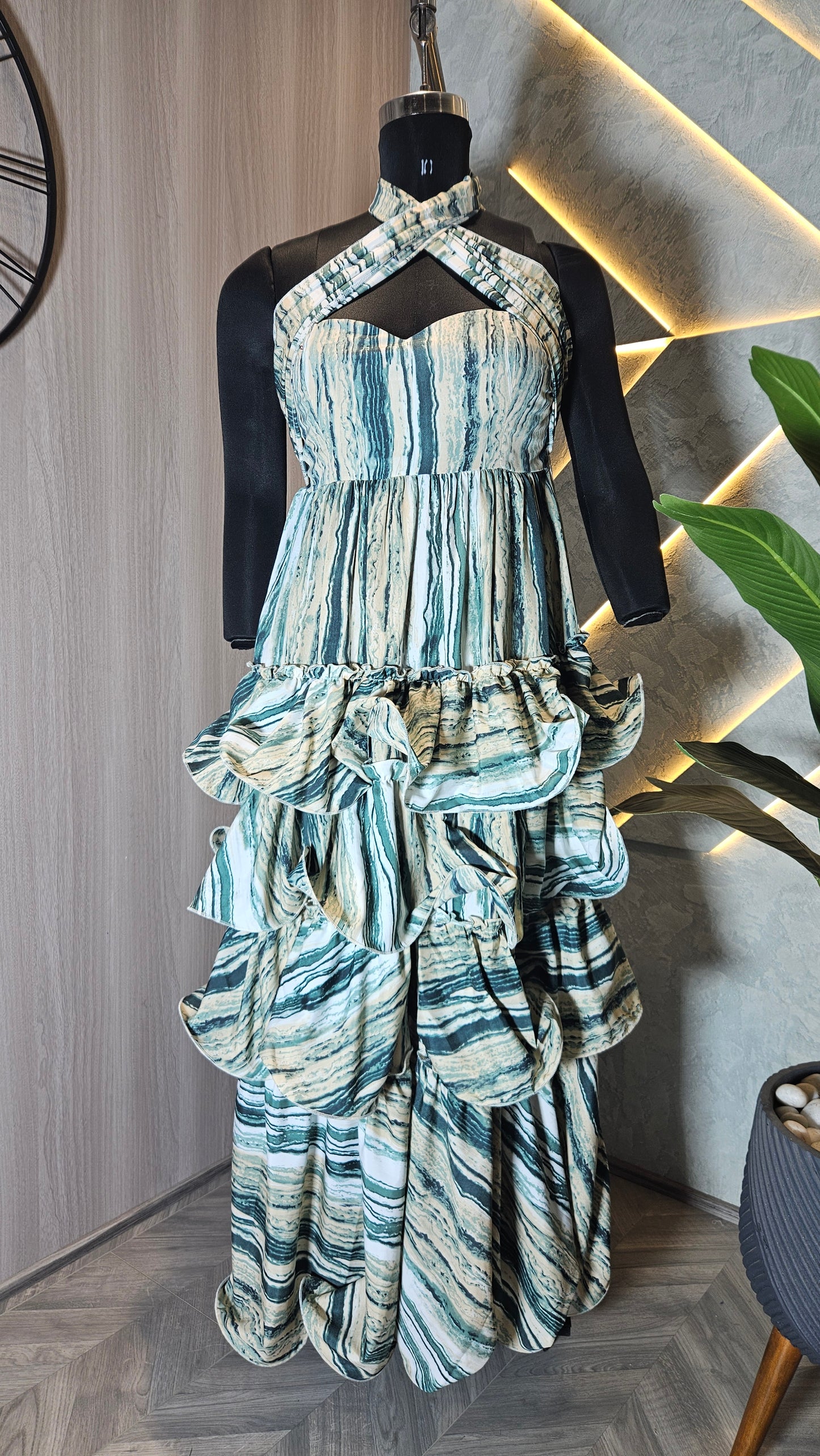 077-D-HOB Designer Ruffle Layered Women’s Party Wear Dress – Made in India