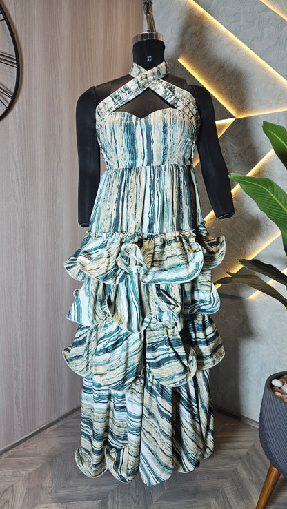 077-D-HOB Designer Ruffle Layered Women’s Party Wear Dress – Made in India