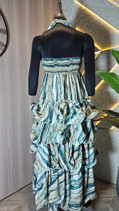 077-D-HOB Elegant Multicolor Printed Ruffled Maxi Dress – Made in India