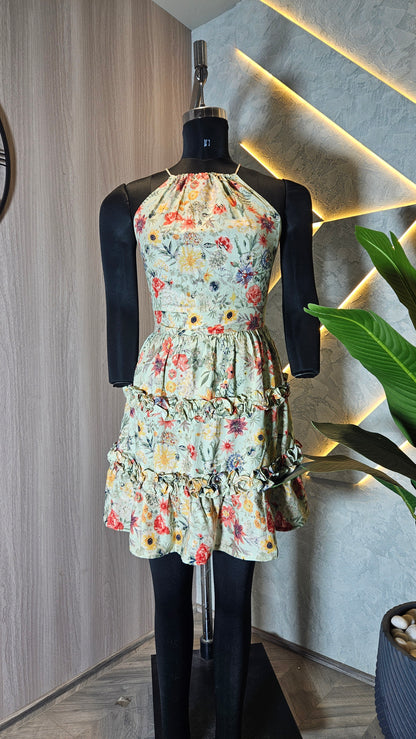 079-D-HOB Women's Floral Ruffle Tiered Halter Neck Dress – Made in India