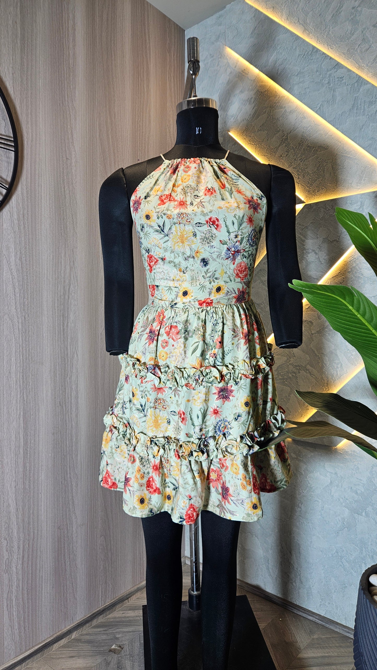 079-D-HOB Women's Floral Ruffle Tiered Halter Neck Dress – Made in India