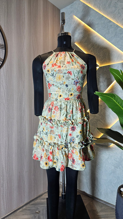 079-D-HOB Women's Floral Ruffle Tiered Halter Neck Dress – Made in India