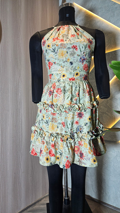 079-D-HOB Women's Floral Ruffle Tiered Halter Neck Dress – Made in India