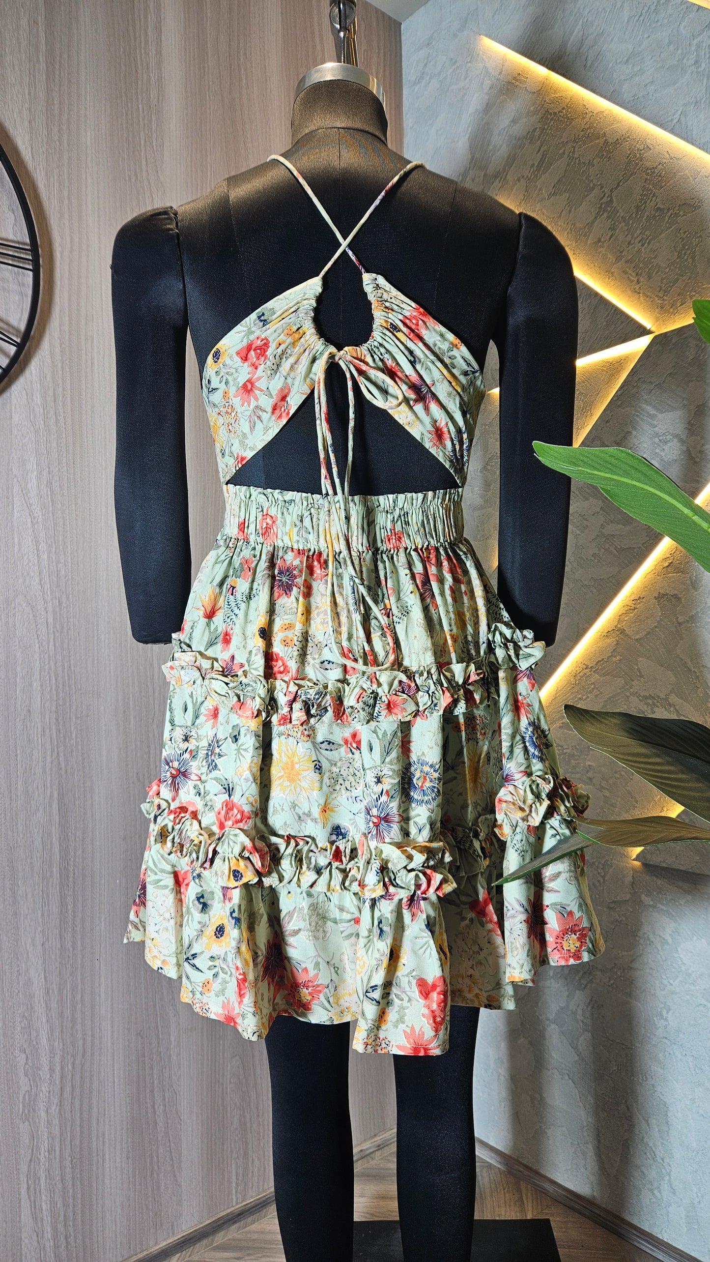 079-D-HOB Women's Floral Ruffle Tiered Halter Neck Dress – Made in India