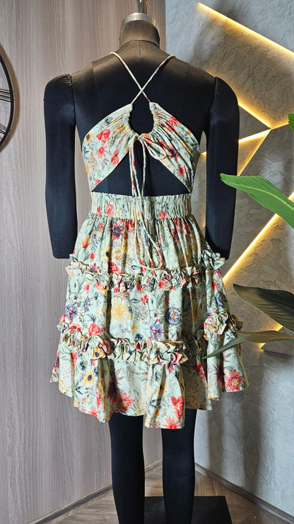 079-D-HOB Women's Floral Ruffle Tiered Halter Neck Dress – Made in India