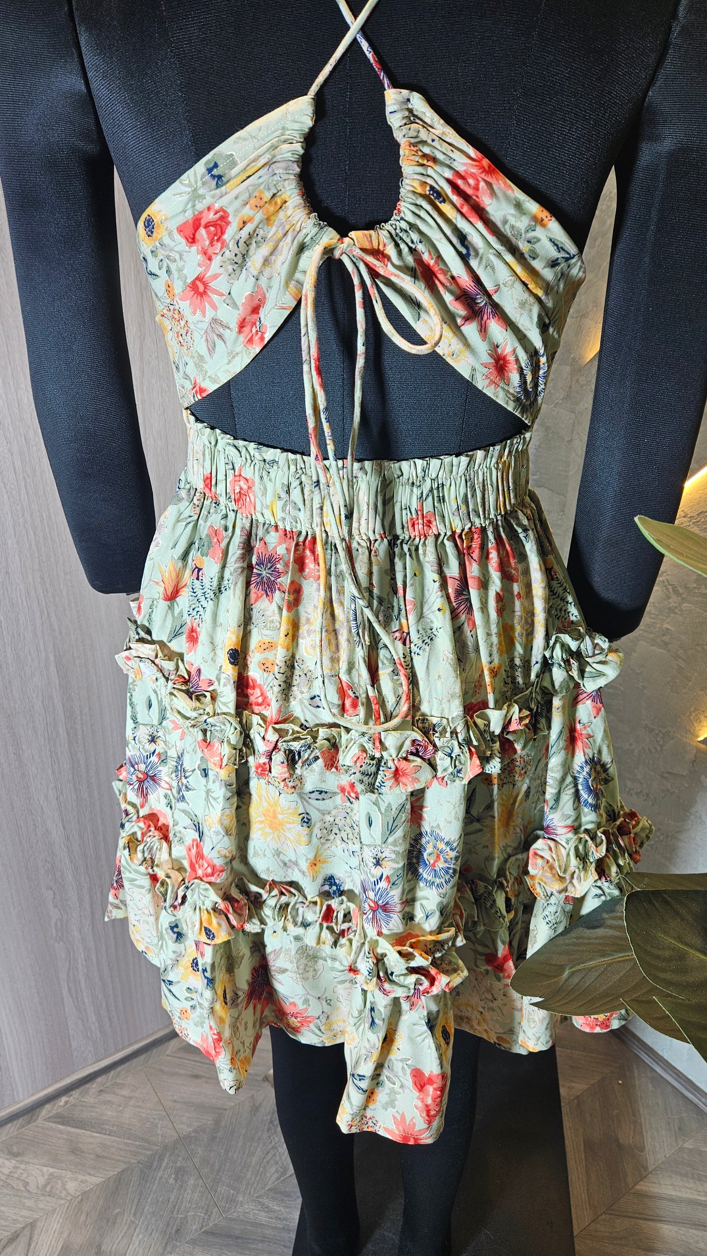 079-D-HOB Women's Floral Ruffle Tiered Halter Neck Dress – Made in India