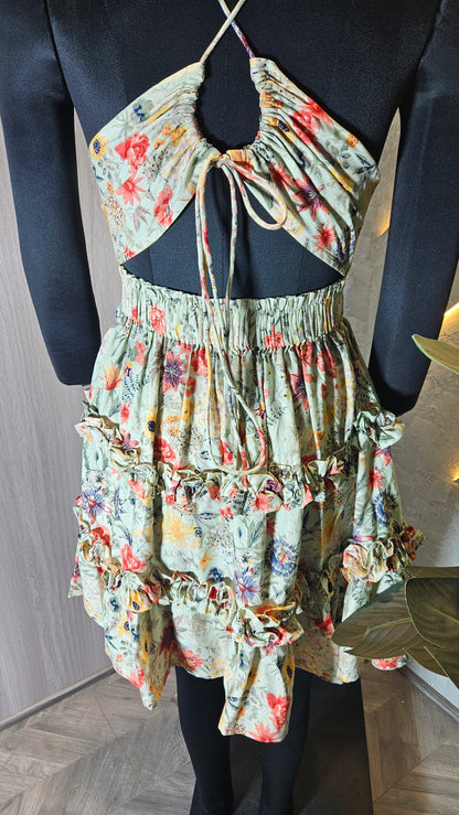 079-D-HOB Women's Floral Ruffle Tiered Halter Neck Dress – Made in India