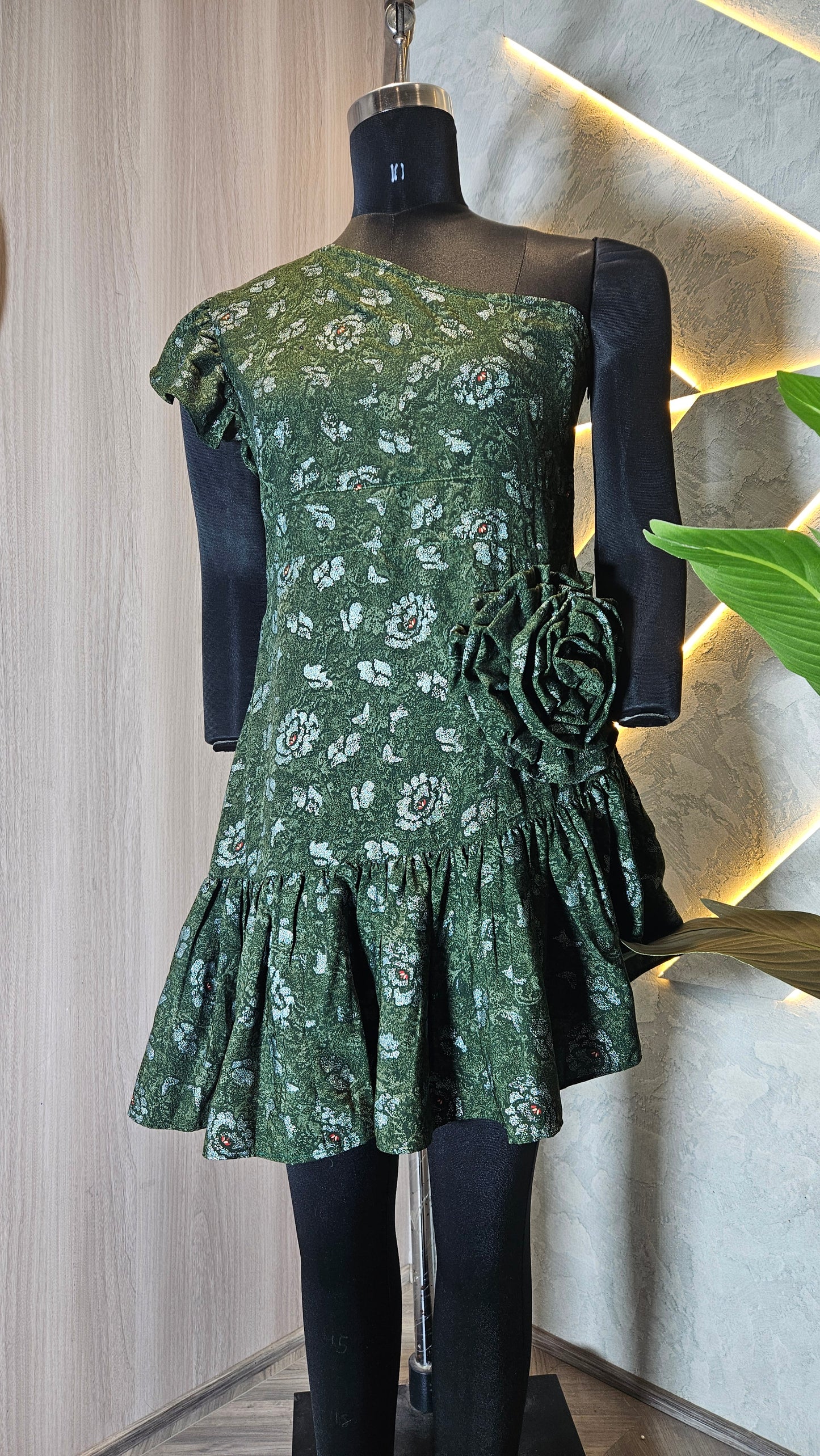 080-D-HOB Elegant One-Shoulder Green Floral Ruffle Dress – Made in India