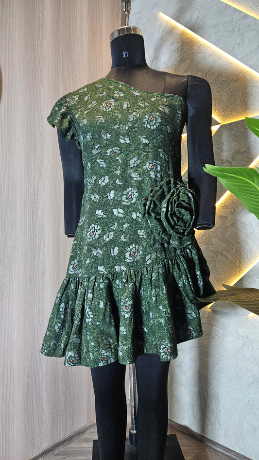 080-D-HOB Elegant One-Shoulder Green Floral Ruffle Dress – Made in India