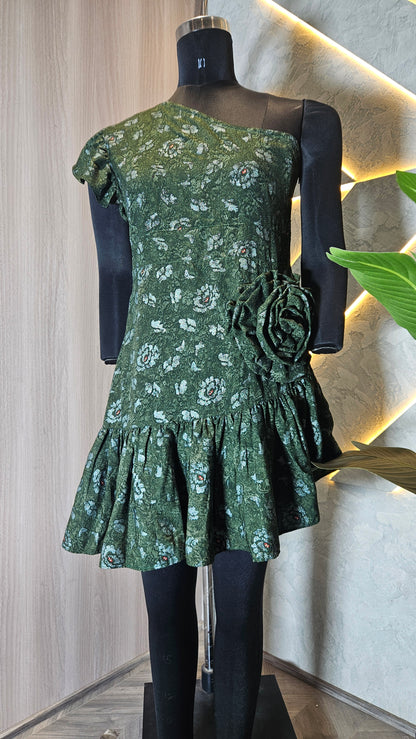 080-D-HOB Elegant One-Shoulder Green Floral Ruffle Dress – Made in India